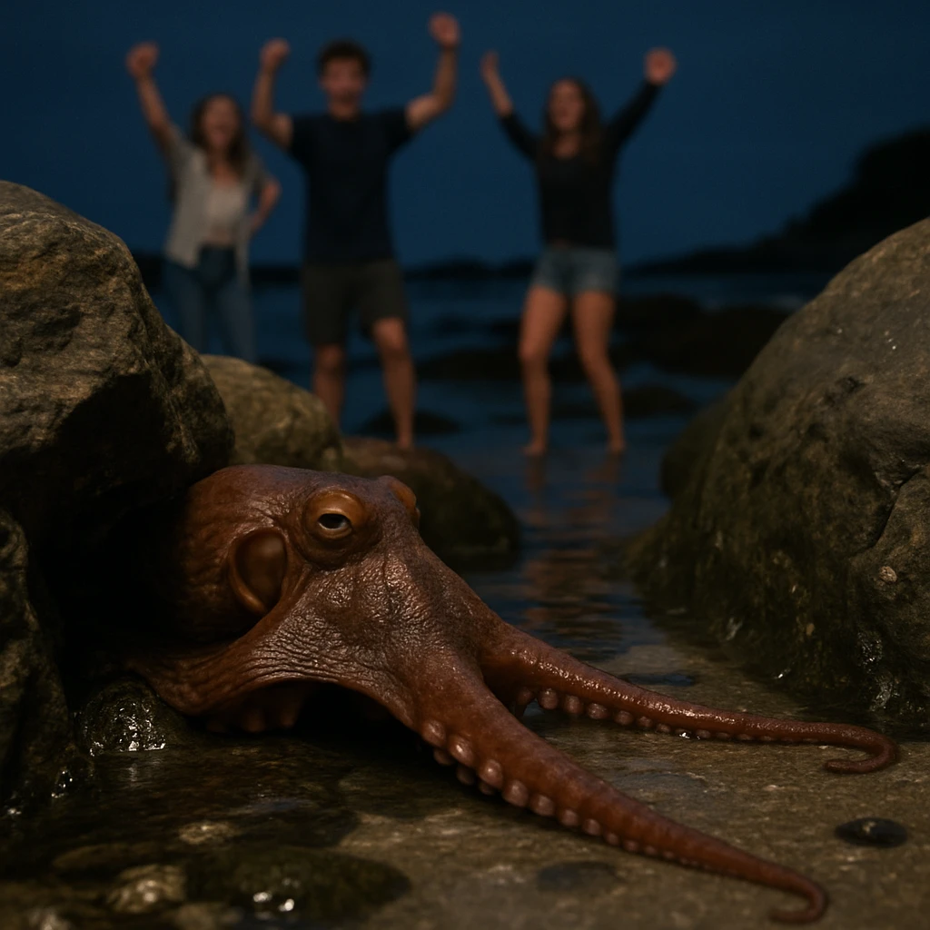 潮だまりの岩陰から腕を伸ばすマダコと、夜の浜辺で歓声を上げる若者たちが遠くに見える写真。