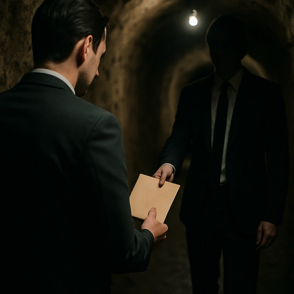 地下のトンネルでスーツ姿の男性とビジネスパーソンが封筒を密かに受け渡している様子の写真。