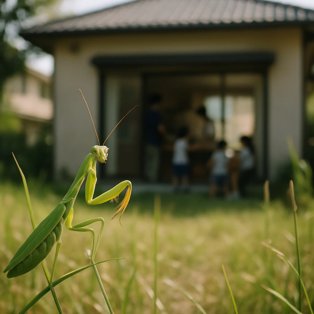 草むらの葉にとまるカマキリの手前に、窓越しに慌ただしく過ごす人間の家族がぼんやりと写っている写真。