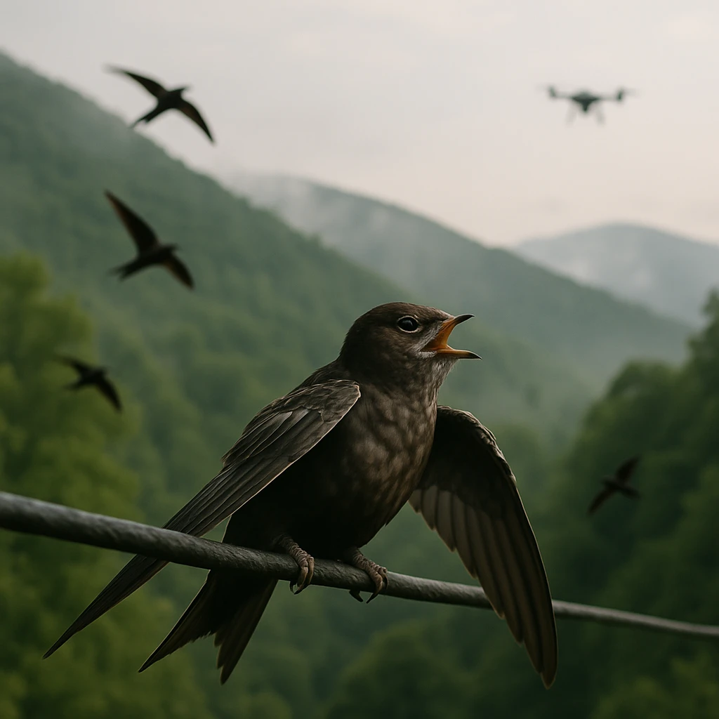 山裾の電線にとまってさえずる若いツバメと、その背後に数羽の鳥や遠くに飛ぶドローンが写る朝の風景。