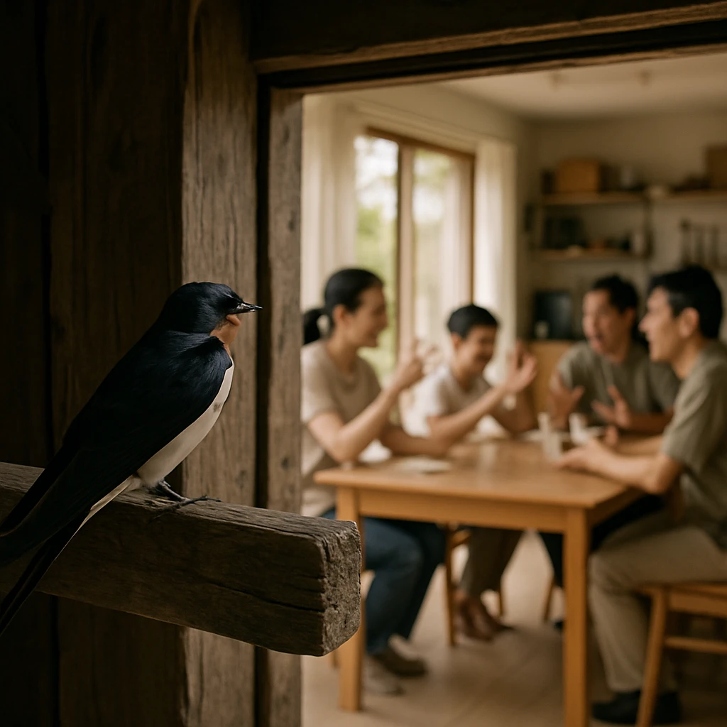 納屋の梁にとまったツバメ越しに、居間で家族会議を行う日本の家族が見える様子。