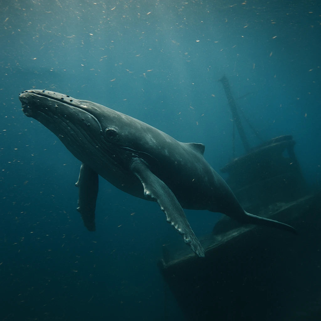 沈没船のそばを泳ぐザトウクジラと、周囲に群れるプランクトンや小型甲殻類の様子。