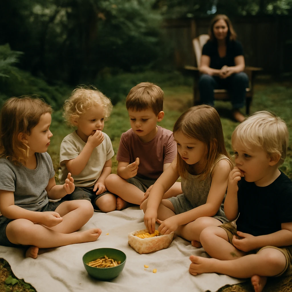 住宅団地の裏庭で、苔やシダに囲まれてピクニックシートの上でおやつを分け合いながら遊ぶ子どもたちの様子。