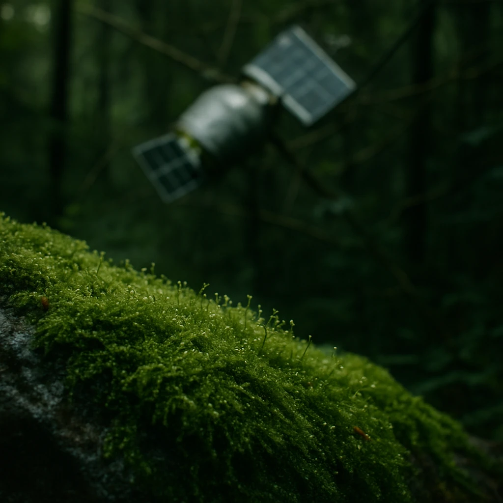 苔が生い茂る湿った岩の上を接写し、奥にぼんやりと衛星の金属片が引っかかっている森の一場面。
