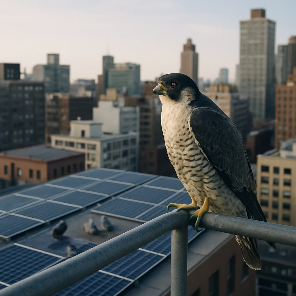 高層ビルの屋上の手すりに止まるハヤブサが、下のソーラーパネルに集まるハトたちと都市の景色を見下ろしている。