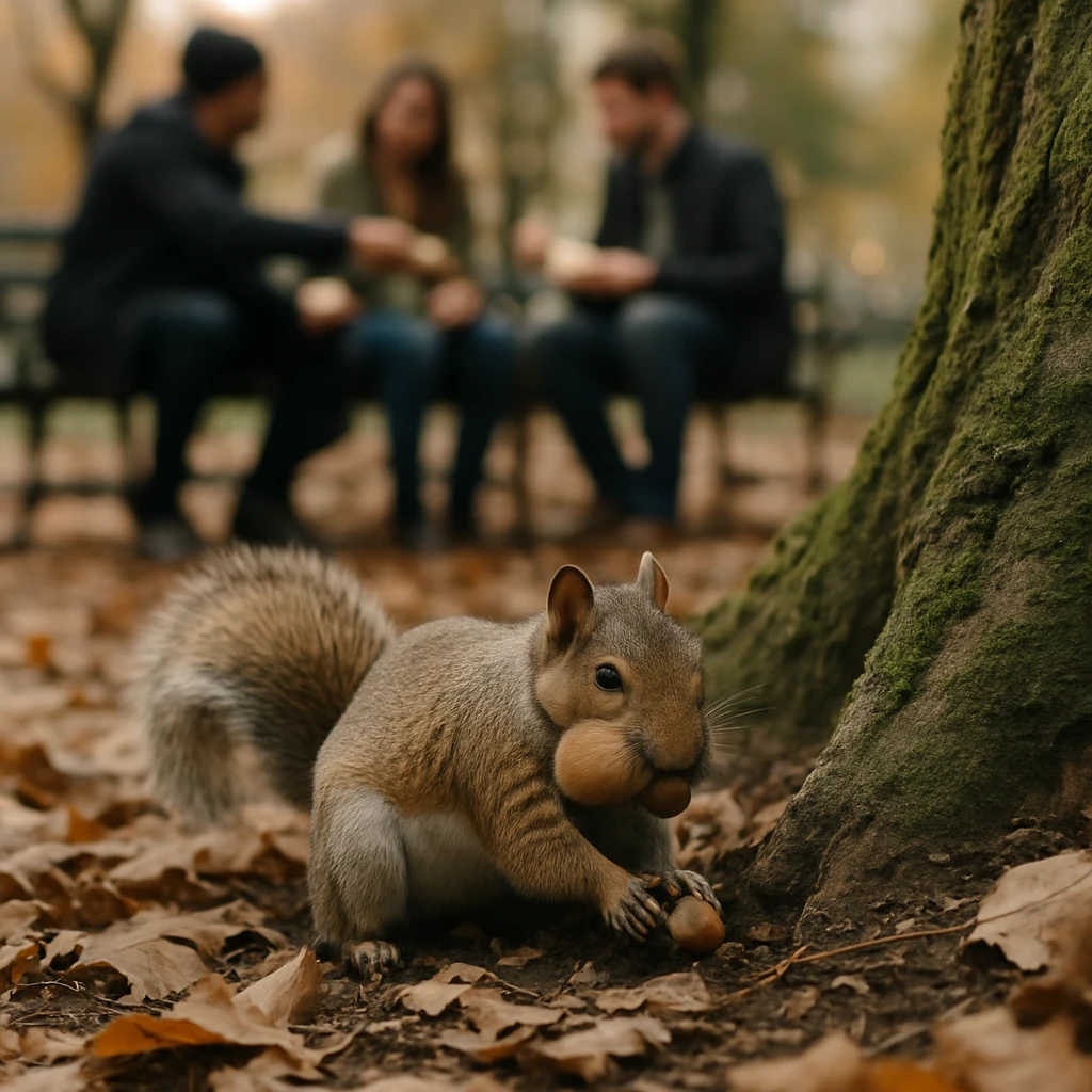 秋の公園で苔むした木の根元にドングリを埋めるリスと、遠くに食事を分け合う人々の姿がぼんやり写る写真です。