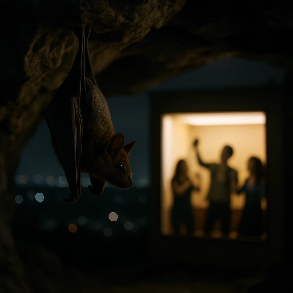 洞窟の天井に逆さまにぶら下がるコウモリが、遠くのカラオケボックスの光を見つめている夜の写真。