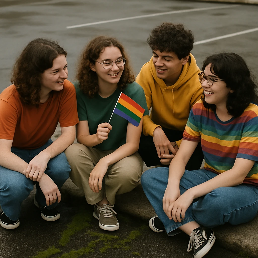 湿ったコンクリートの駐車場の隙間に生えた色鮮やかな苔と、そばで談笑するカラフルな服装の若者たちの様子。