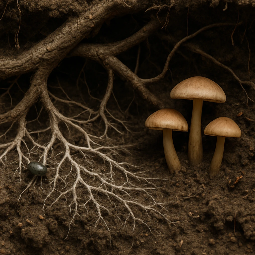 地中で樹木の根とつながる菌糸とキノコ、小さな虫が見える土壌のクローズアップ写真。