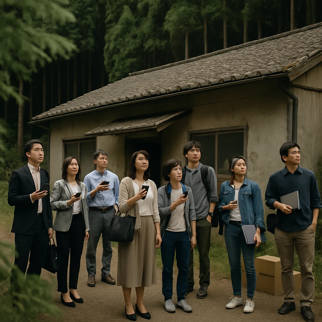 杉林のふもとにある古い民家の前で、スーツ姿やカジュアルな服装の人々がスマートフォンやパソコンを手にして立っている様子。