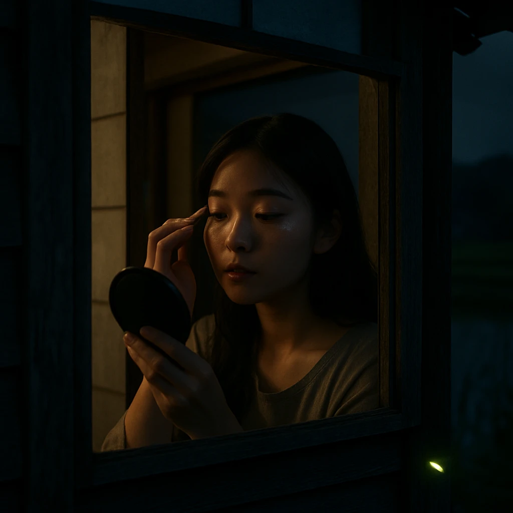夜の田んぼ沿いの民家の窓越しに、鏡の前で輝くメイクをする若い女性の顔と、手前にほのかに光るホタルが写っている写真。