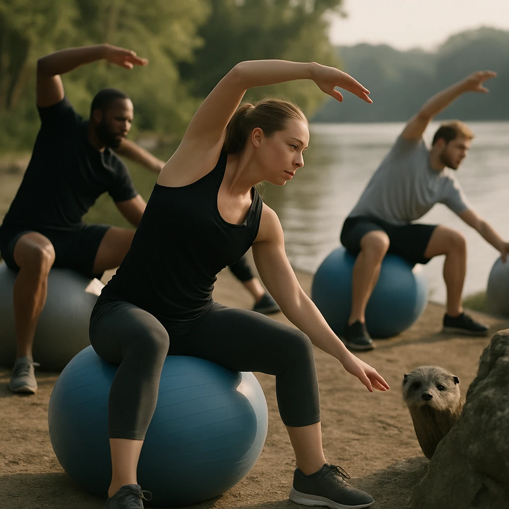 川辺で運動する人々と、その様子を岩陰から見つめる野生のカワウソの写真。