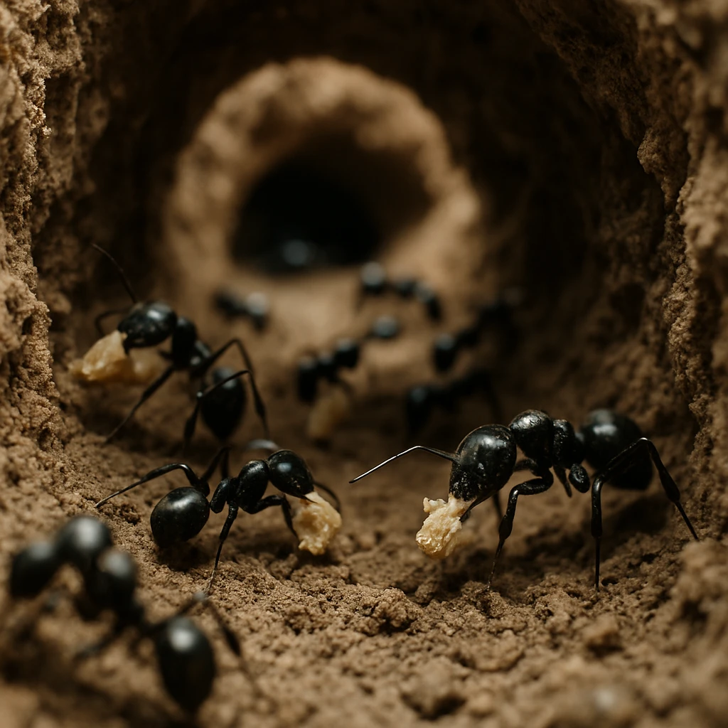 クロオオアリたちが土のトンネル内で餌を運びながら活動している様子の接写写真。