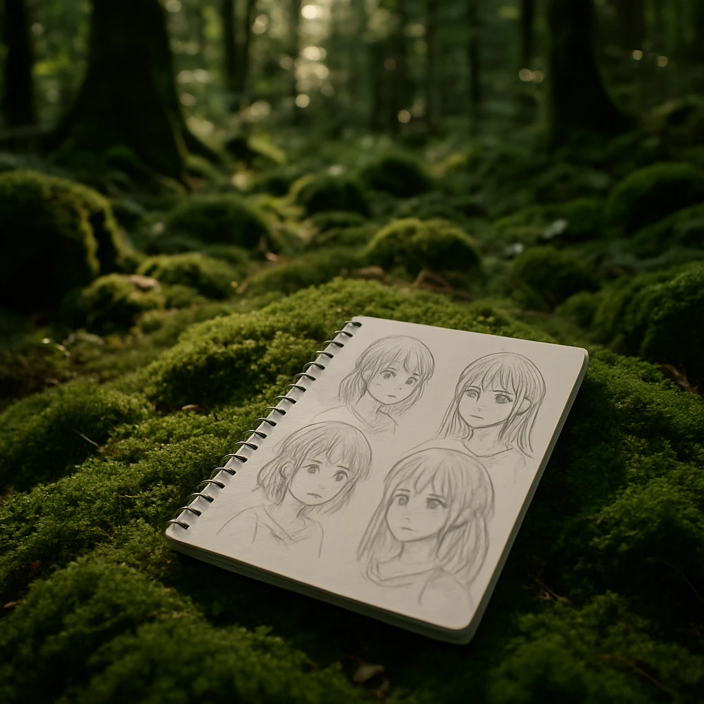 苔に覆われた森の地面にノートが置かれている写真。