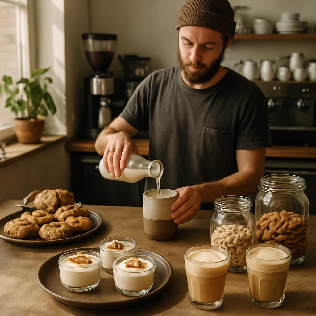 ヴィーガンカフェのカウンターでナッツを使ったデザートやラテを準備するバリスタとナッツ入り商品が並んだ様子。