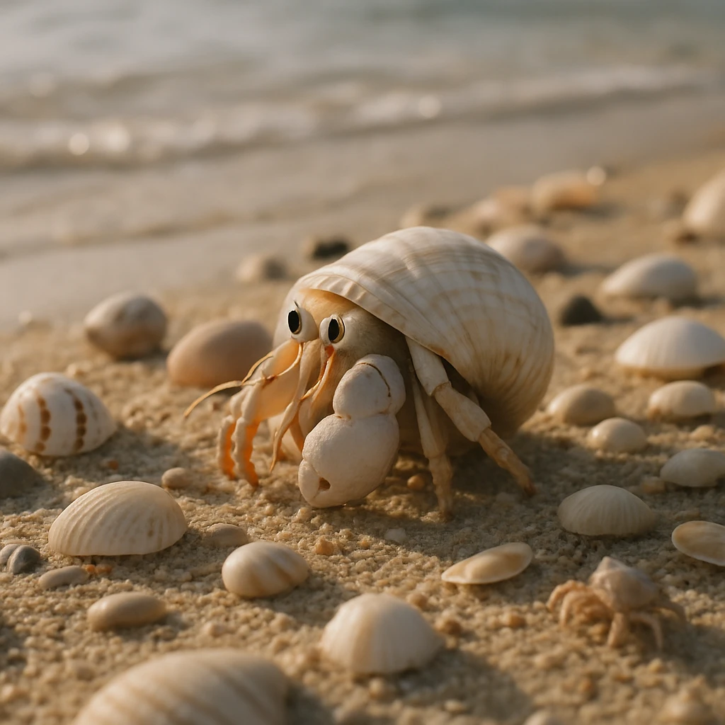砂浜にいる白いハサミのヤドカリが複数の空の貝殻やカニたちに囲まれている様子。