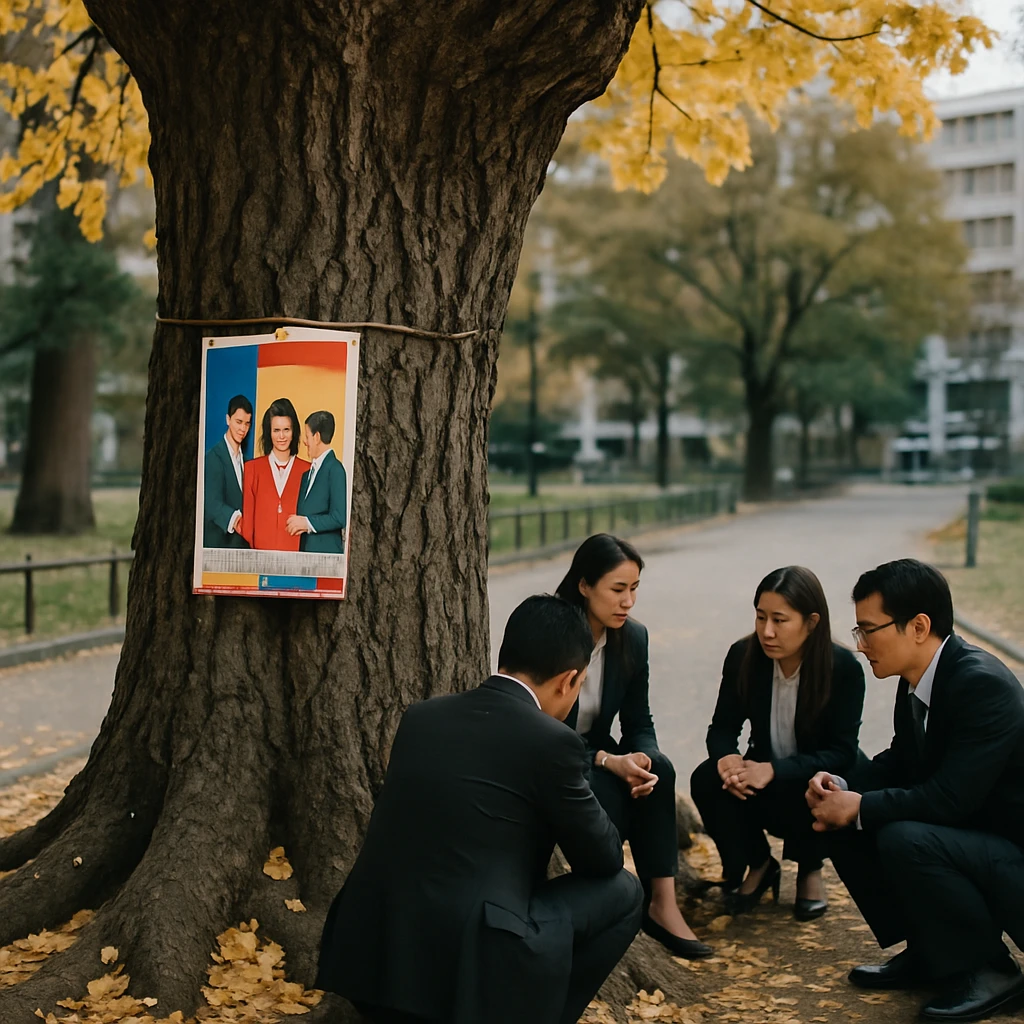 公園の小道沿いにそびえる大きなイチョウの木の根元で、数人のビジネス服の人たちが真剣に話し合い、幹には派手な求人ポスターが結び付けられている様子。