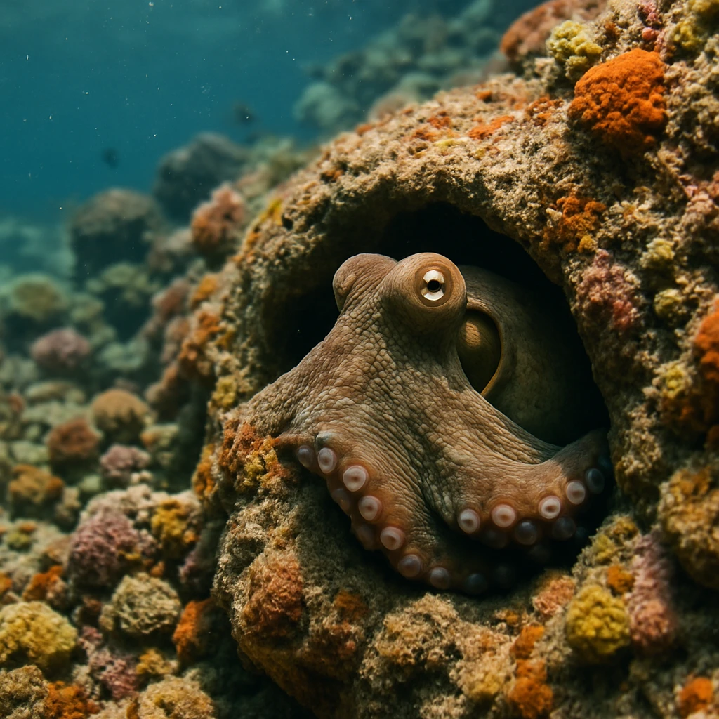 岩礁の小さな穴から顔をのぞかせて周囲を観察するタコの実写風写真。