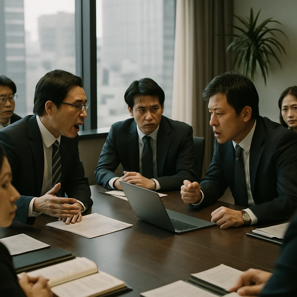 現代的なオフィスの会議室で、複数の取締役が緊迫した雰囲気で議論を交わしている様子。
