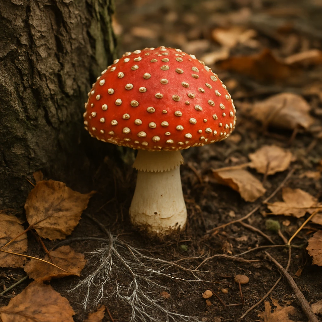 落ち葉に覆われた森林の地面で赤いベニテングタケと菌糸が広がる様子の写真。