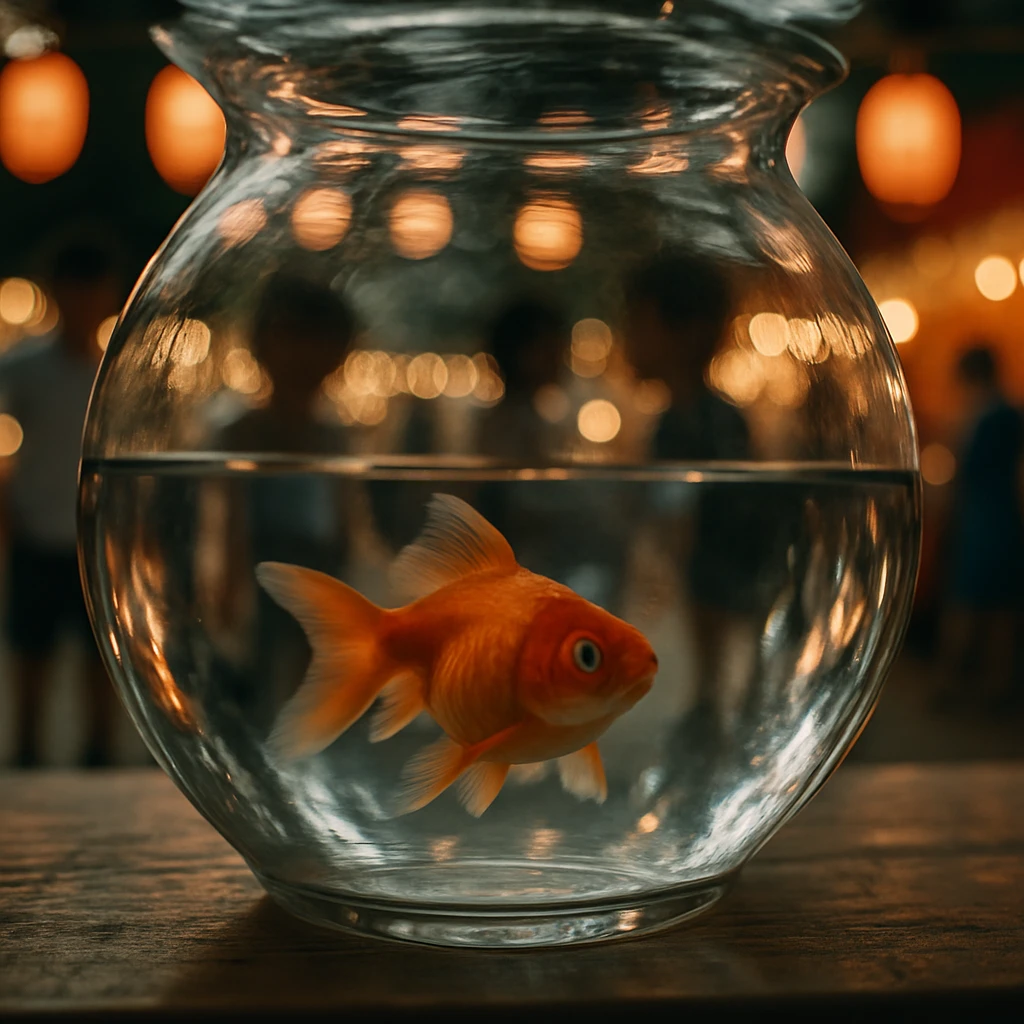 金魚鉢の中から見た夏祭りの屋台の灯りや子どもたちのシルエットが、水越しにぼんやり映っている写真。