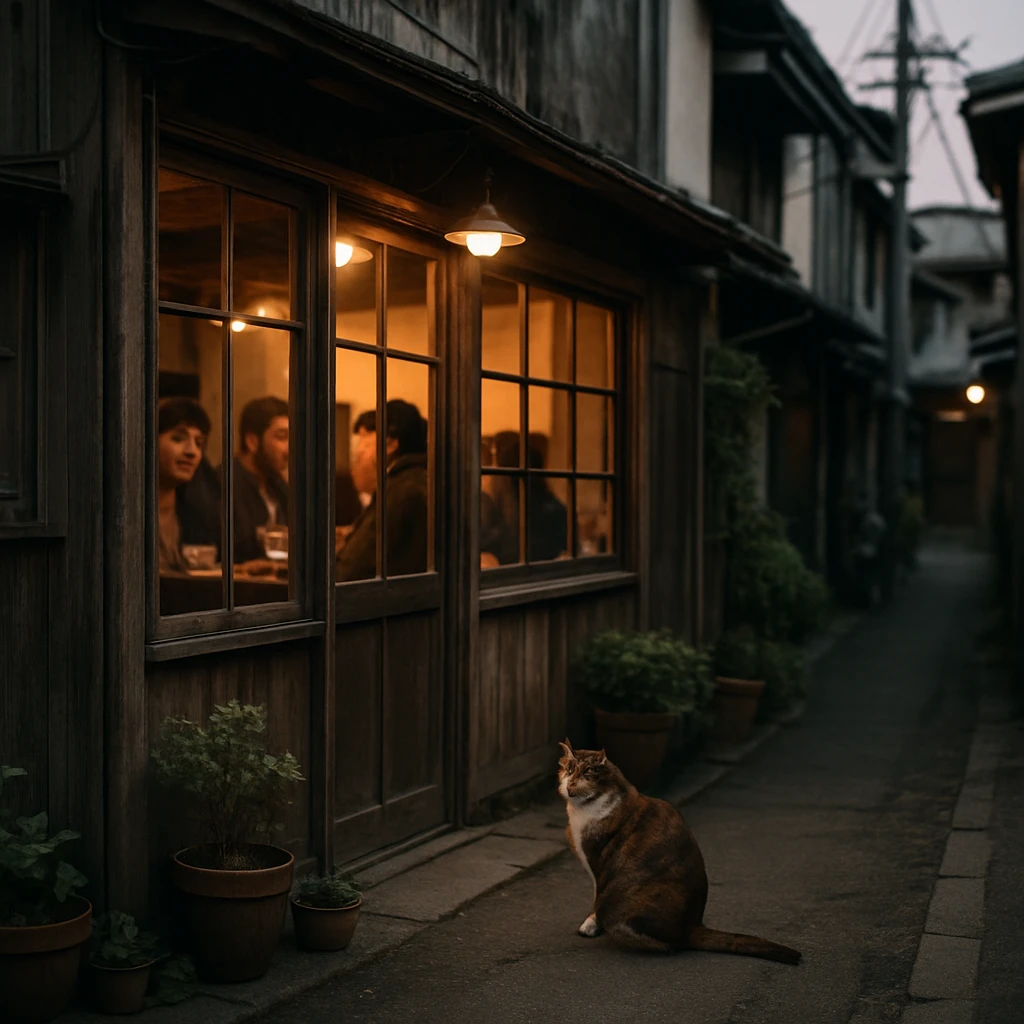 日本の路地裏にある古い喫茶店の入口付近で、人々を見つめる猫と店内の温かな明かりが映る写真。