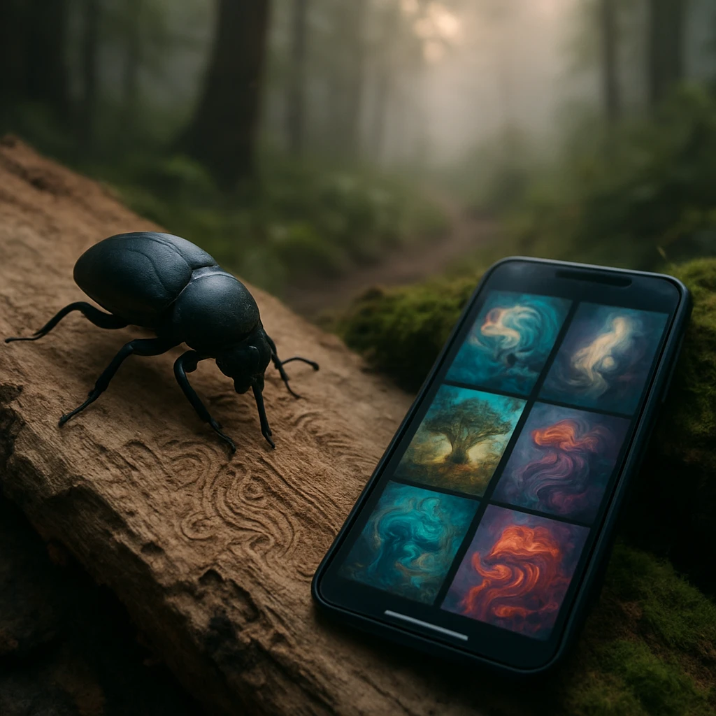 朝もやの森で朽ち木に模様を刻むコガネムシの傍らに、AI生成画像の表示されたスマートフォンが苔の上に置かれている写真。