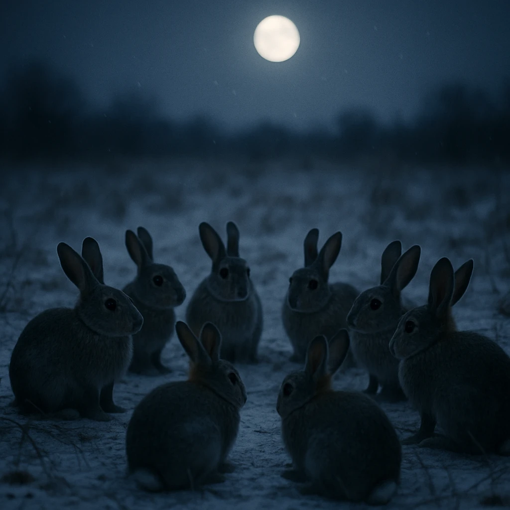 冬の草原で月明かりの下、複数の野ウサギが円を作って静かに集まっている様子の写真。