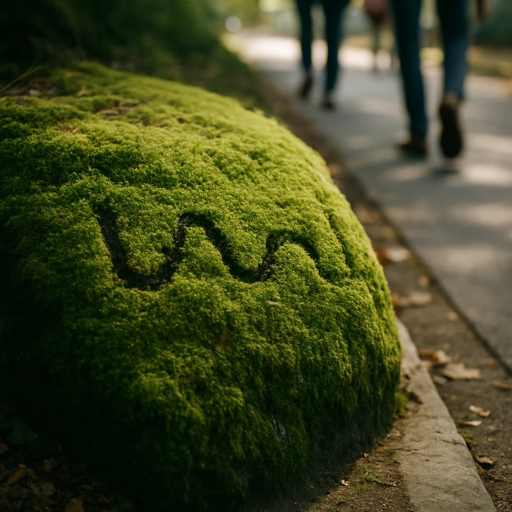 遊歩道脇の岩の上に密集して生える苔が、奥に通行人の足元をぼんやり映しながら柔らかい日差しに照らされている写真。