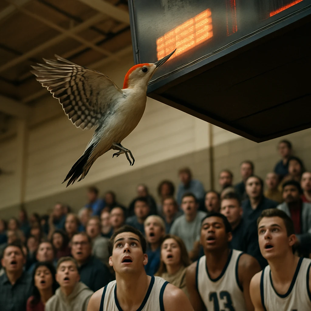 バスケットボールコートの電子掲示板につつきを加える飛翔中のキツツキと、それを驚いて見上げる観客や選手たちの様子。