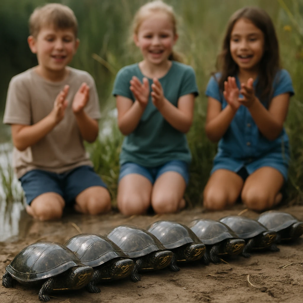 沼地の岸に並ぶ7匹のカメノコガメと、それを見て手を叩く子どもたちの様子の写真。