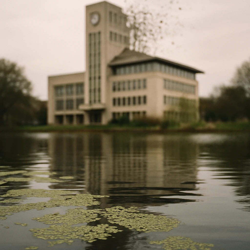 池の水面に浮かぶウキクサ越しに、背景に現代的な市役所ビルがデジタル風に消えかけている様子の写真。