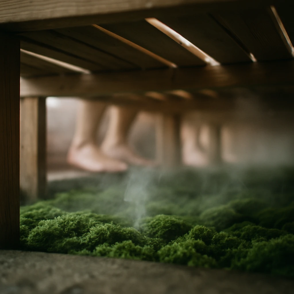 サウナの木の床下で、蒸気に包まれた緑色のコケと上を歩く人の足元がぼんやりと写っている写真。