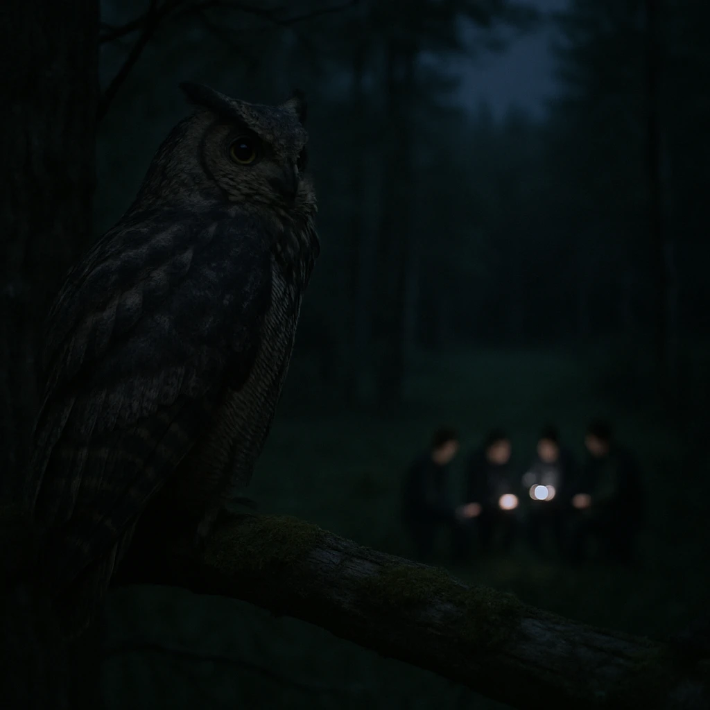 夜の森の高い木の枝に止まった大きなフクロウが、スマートフォンを持つ人々がぼんやり明るく照らされた森の一角を見下ろしている写真。