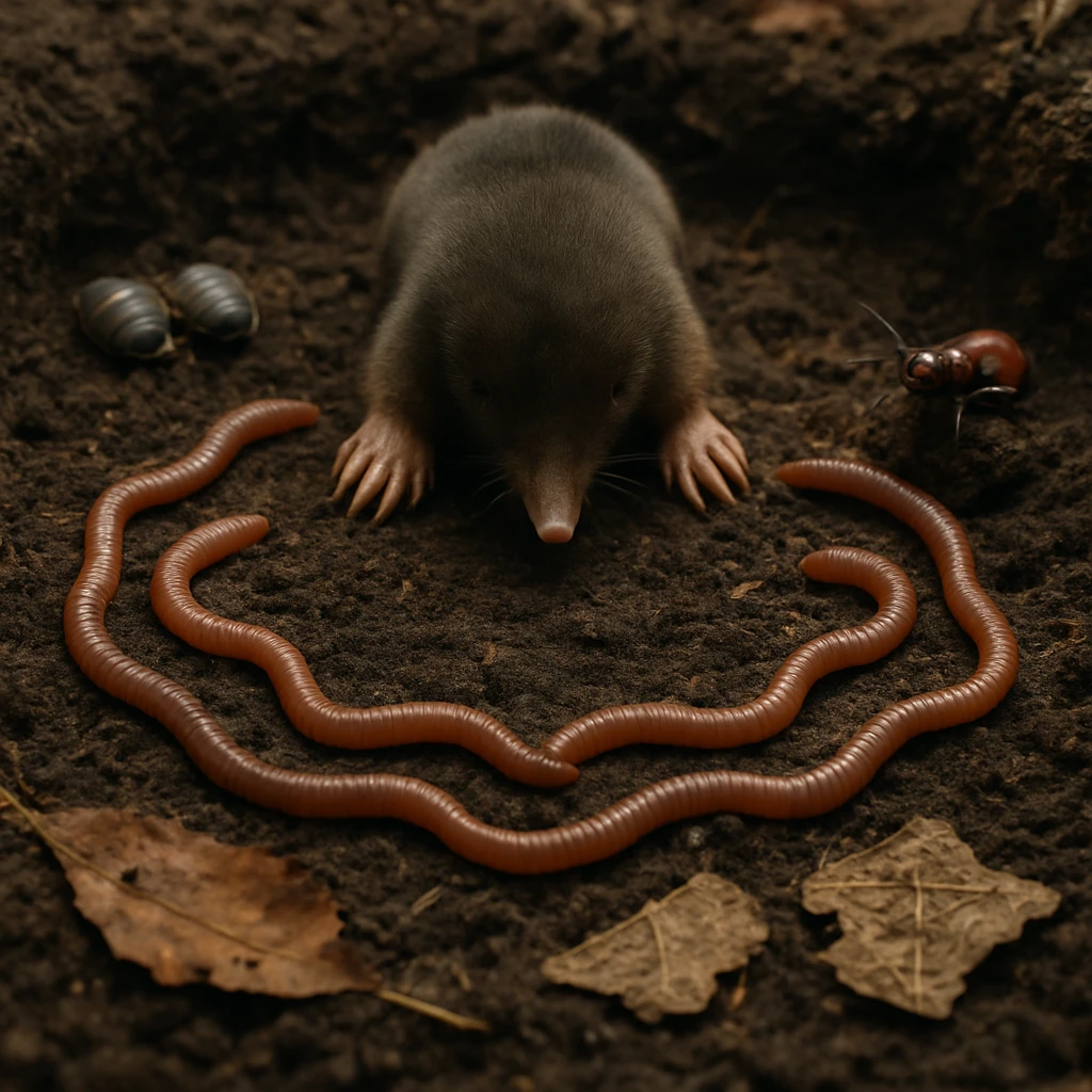湿った腐葉土の中で輪になったミミズたちと、中央にいるモグラ、周囲にダンゴムシや女王アリが見守る地下裁判所の様子。