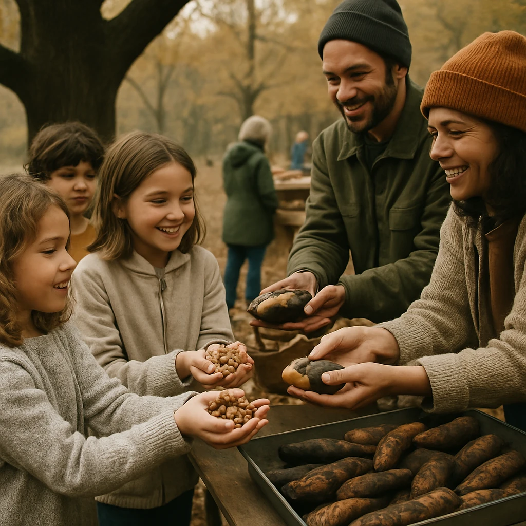 森のふもとで子どもと大人たちがドングリと焼き芋を交換している屋外のマーケットの様子。