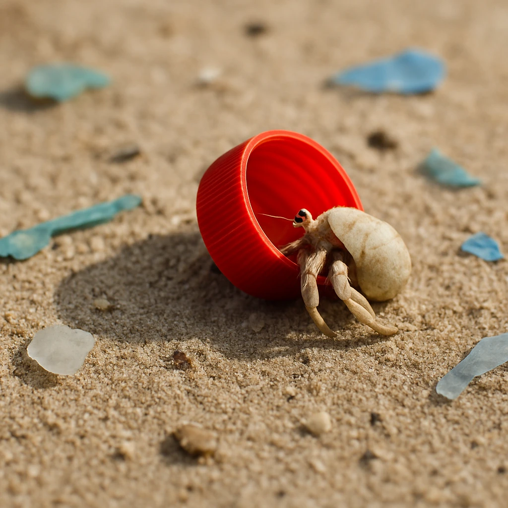 砂浜の上で、ヤドカリが自然の貝殻の代わりにカラフルなプラスチックのキャップに入ろうとしている様子。