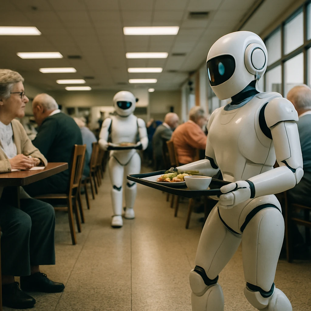 高齢者が座るカフェテリアで配膳ロボットが食事を運んでいる様子を床近くから見上げる視点の写真。