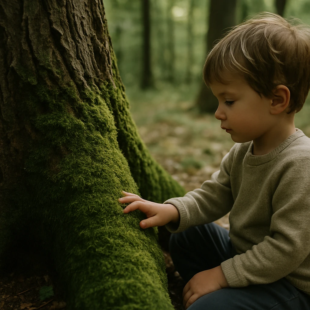 深い森の中で苔むした巨木の幹に子どもがそっと触れて座っている様子の写真。