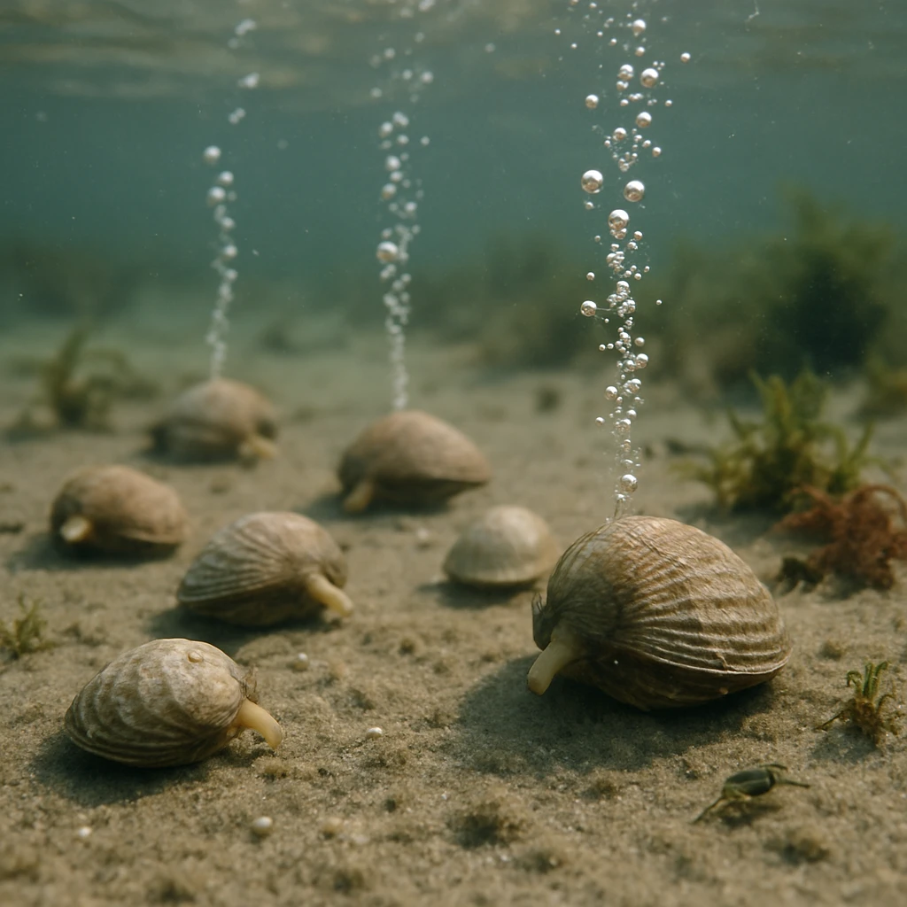砂地の海底で二枚貝が泡を吹いている様子を捉えたリアルな写真。