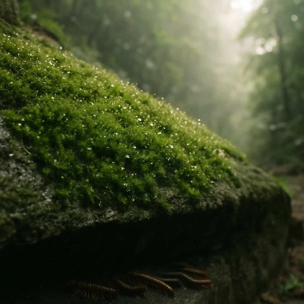 雨上がりの森の斜面で、しっとりと水滴が光る緑の苔が岩の上に密集して生えている写真です。