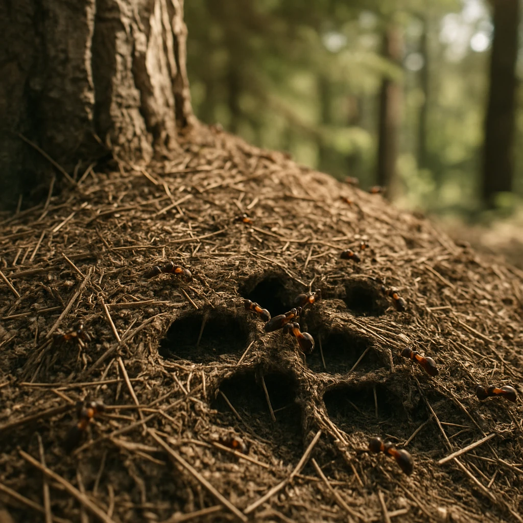 松の根元にある年季の入ったアリ塚と、互いに触角で合図しながら活動するアカヤマアリの群れの様子。