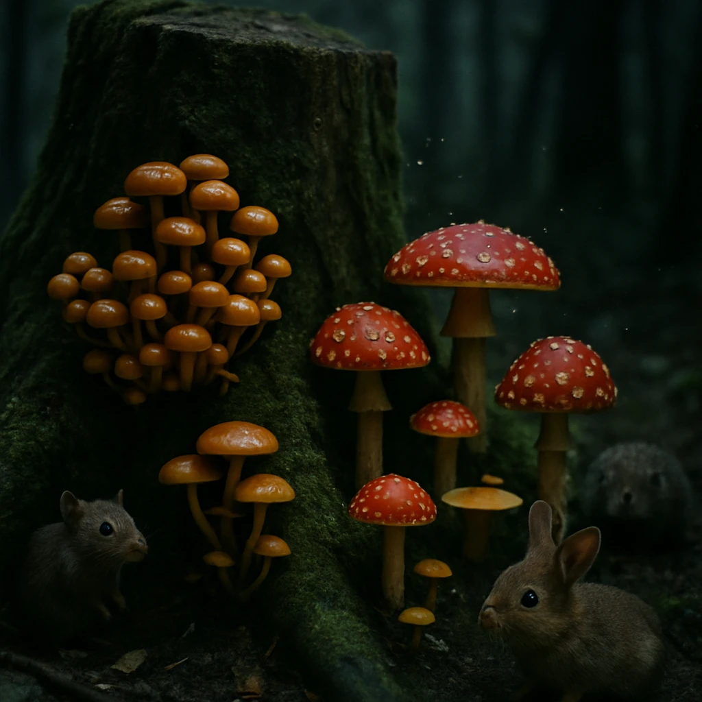 夜の森の切り株の周りに集まる様々なキノコと、浮かぶ胞子を興味深く見つめる小動物たちの写真。