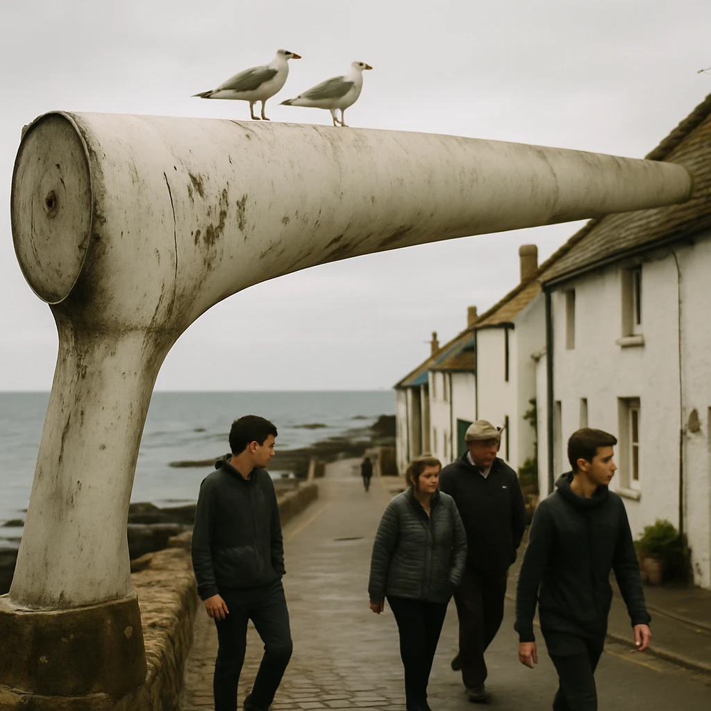海沿いの遊歩道に再利用された風車ブレードのアーチと、その下を通る村人たちを写した写真。