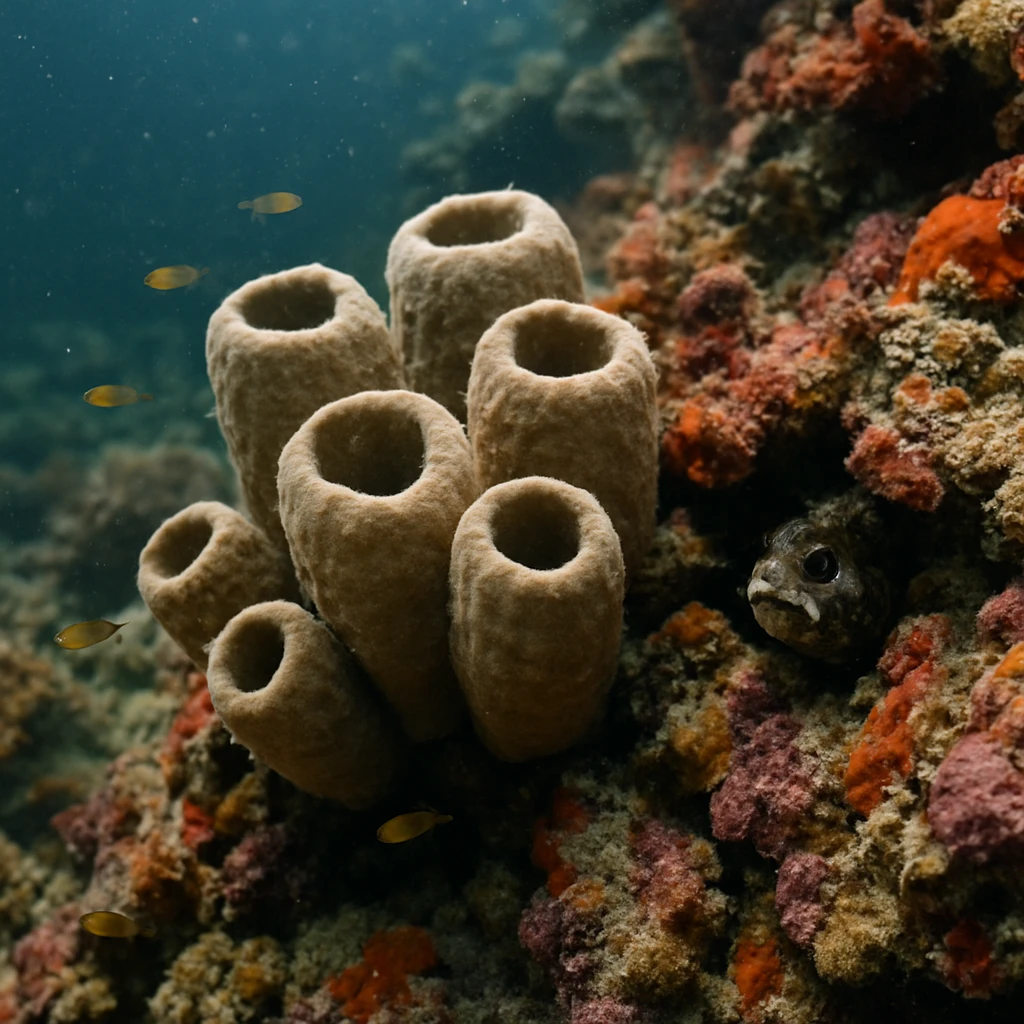 カラフルな珊瑚礁の間に生息する房状海綿と、その隙間から顔を出す若い魚や夜行性のカエルウオをとらえた自然な水中写真。