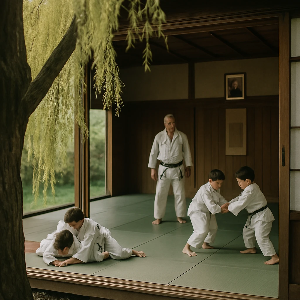 柔道道場の前にしなやかに揺れる柳と、道場内で子どもたちが道着を着て稽古をする様子。
