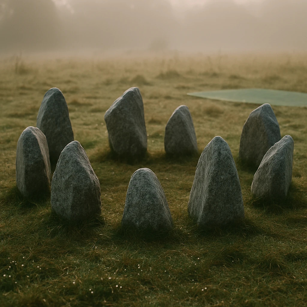 朝焼けの原野で輪をなして並ぶ大小さまざまな岩石の写真。