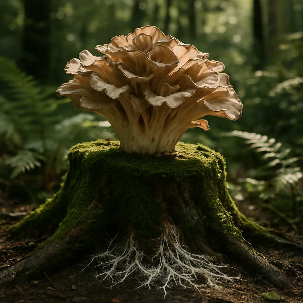 苔むした切り株から舞茸が堂々と生え、背景にシダ植物が生い茂る森の中の一場面。