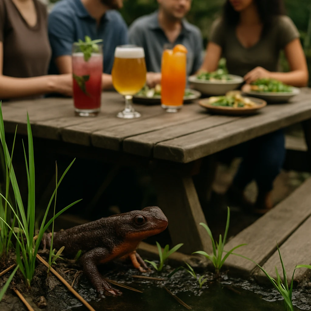 池の水草の陰から人間たちの食卓をじっと観察する赤腹イモリが写る写真。
