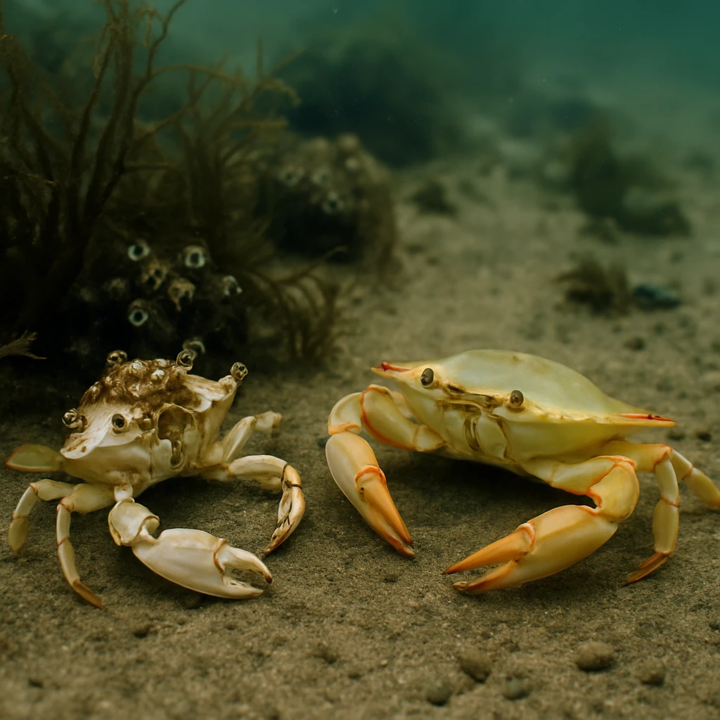 脱皮したばかりのカニとその近くにある抜け殻が海藻や小さなフジツボたちとともに海底にたたずんでいる写真。